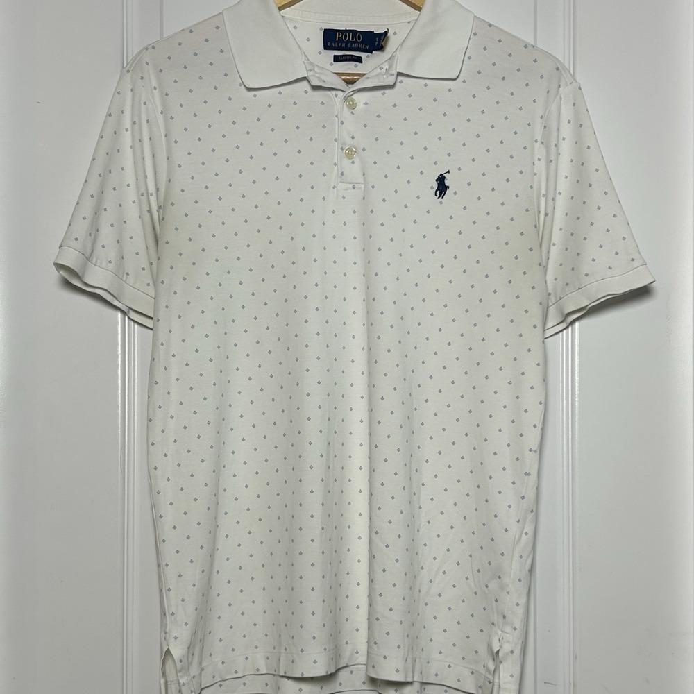 Polo Ralph Lauren 100% Cotton White Blue Diamond Print Classic Fit Polo Shirt